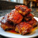 A close-up of several glazed Sticky Orange Chicken Thighs piled high on a white plate, glistening with sauce.