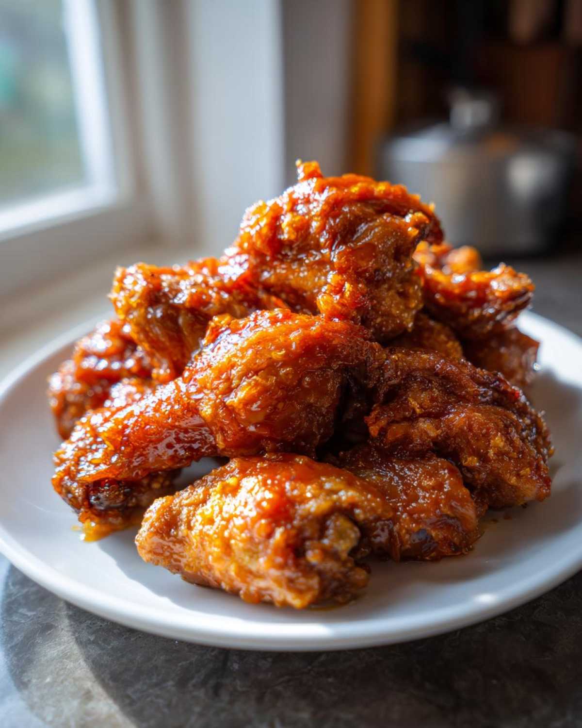 A pile of glossy, glazed Sticky Orange Chicken Thighs Better Than Takeout served on a white plate near a window
