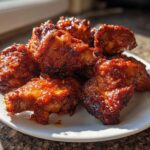 A plate piled high with glistening Sticky Orange Chicken Thighs Better Than Takeout, coated in a dark, rich glaze.
