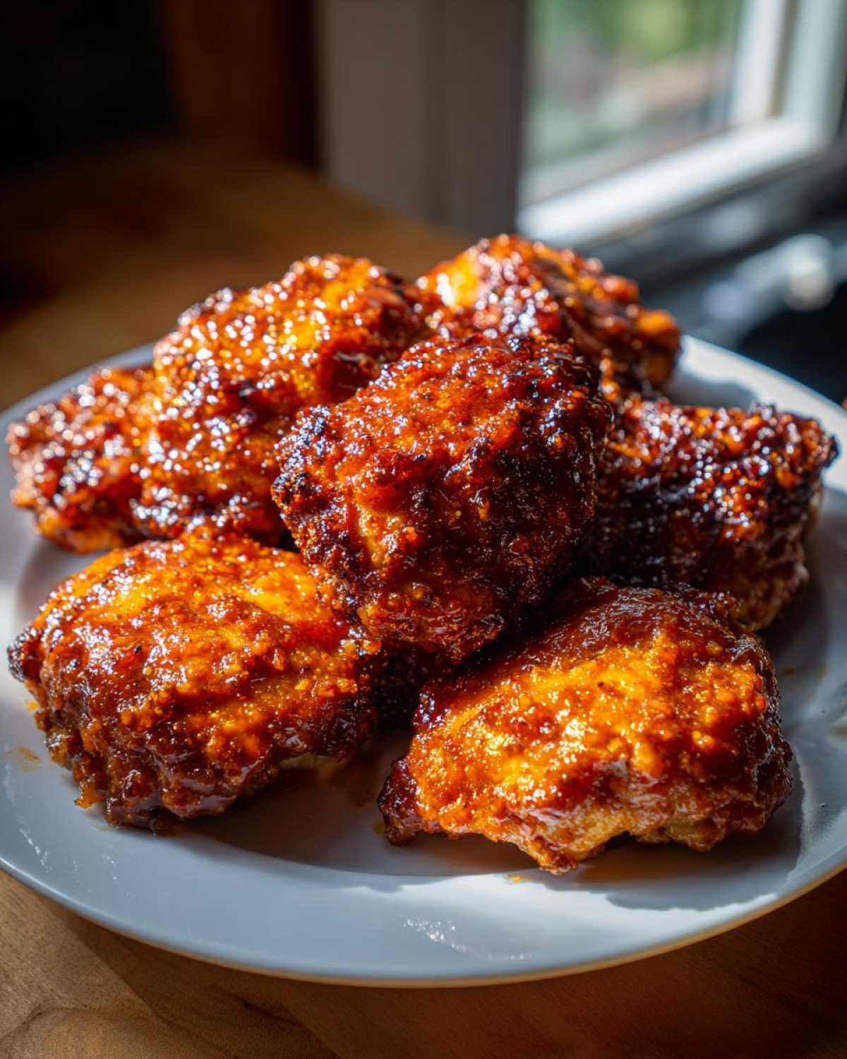 A pile of glistening, glazed Sticky Orange Chicken Thighs Better Than Takeout served on a white plate.