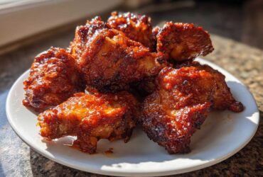 A plate piled high with glistening Sticky Orange Chicken Thighs Better Than Takeout, coated in a dark, rich glaze.