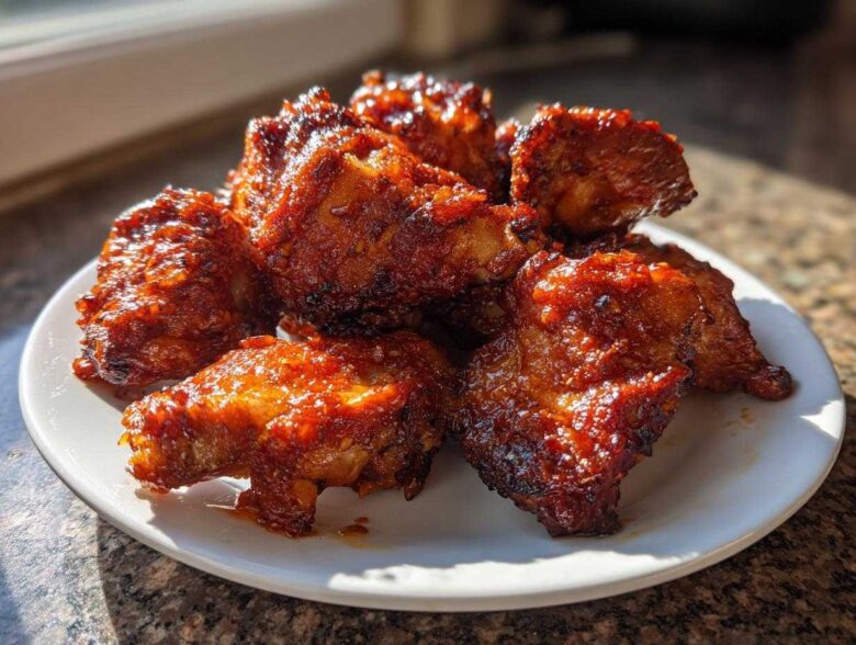 A plate piled high with glistening Sticky Orange Chicken Thighs Better Than Takeout, coated in a dark, rich glaze.