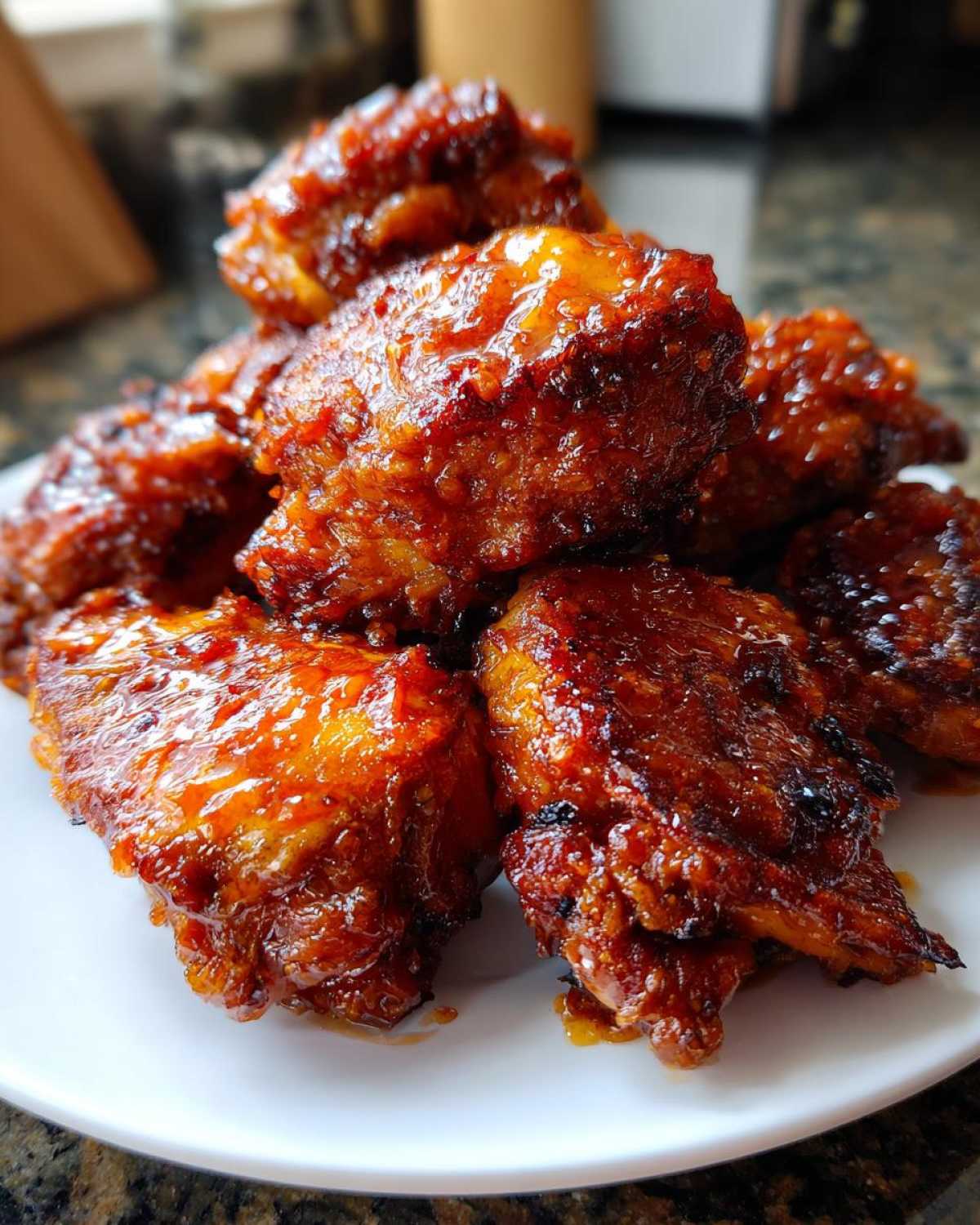 A pile of glistening, glazed Sticky Orange Chicken Thighs Better Than Takeout piled high on a white plate.