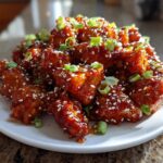 A mound of Sticky Sweet Chili Chicken Easy Recipe pieces coated in glaze, sprinkled with sesame seeds and green onions.