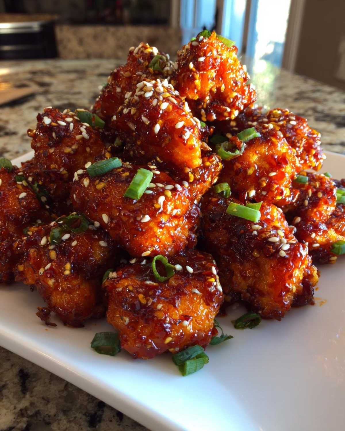 Close-up of crispy chicken pieces coated in a glossy sauce, part of the Sticky Sweet Chili Chicken Easy Recipe.