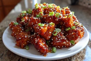 A mound of Sticky Sweet Chili Chicken Easy Recipe pieces coated in glaze, sprinkled with sesame seeds and green onions.