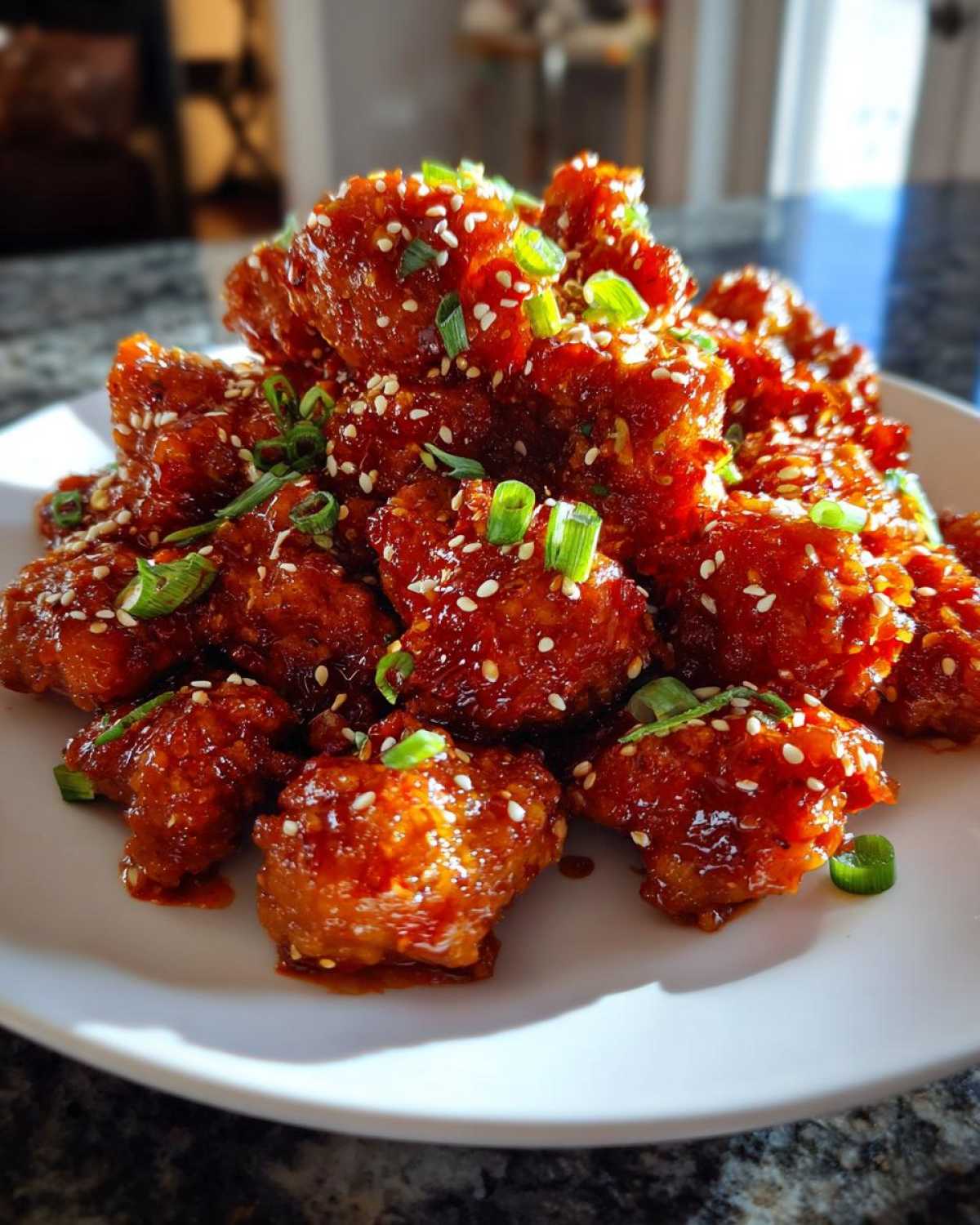 A mound of crispy chicken pieces coated in glossy red sauce for the Sticky Sweet Chili Chicken Easy Recipe, topped with sesame seeds and green onions.