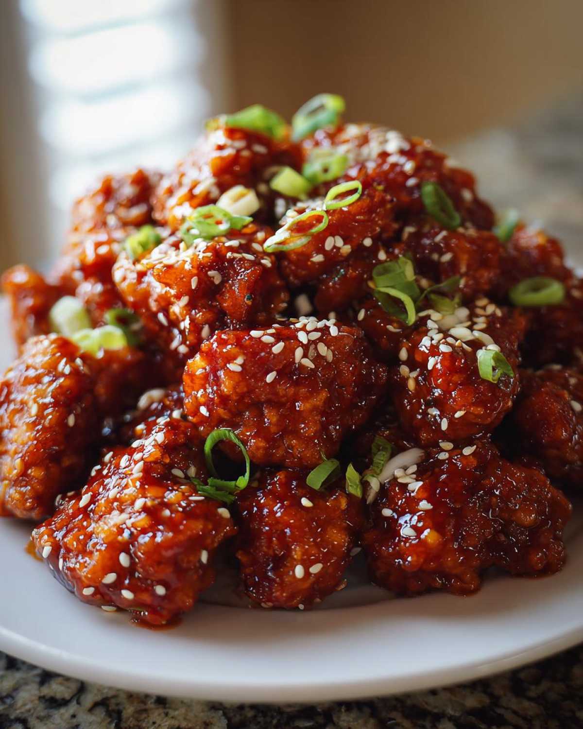 Close-up of crispy chicken pieces coated in a glossy sauce for Sticky Sweet Chili Chicken Easy Recipe, garnished with sesame seeds and green onions.