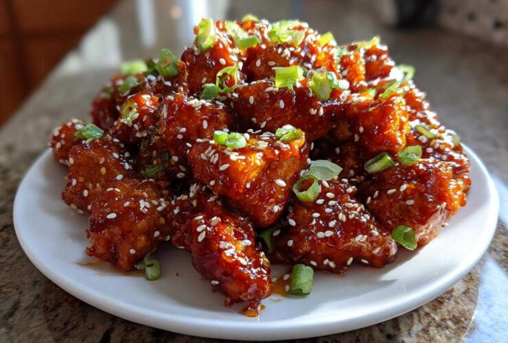 A mound of Sticky Sweet Chili Chicken Easy Recipe pieces coated in glaze, sprinkled with sesame seeds and green onions.