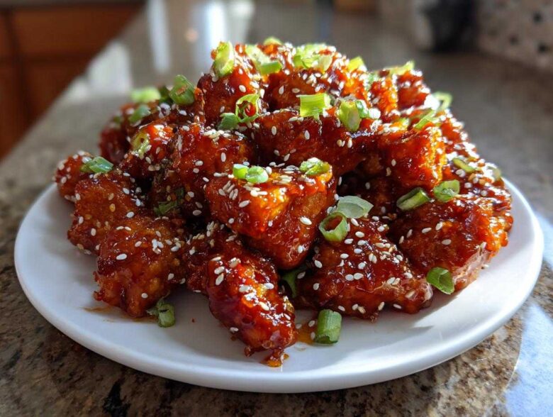 A mound of Sticky Sweet Chili Chicken Easy Recipe pieces coated in glaze, sprinkled with sesame seeds and green onions.