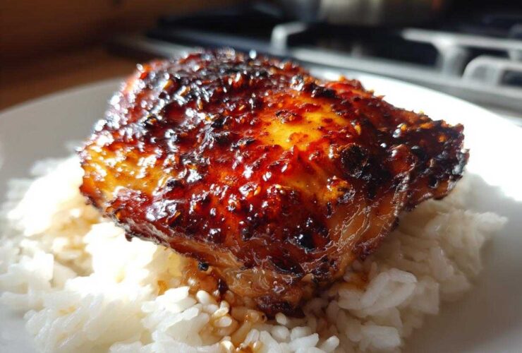 Close-up of a perfectly glazed Sticky Sweet Chili Chicken Thighs served over white rice.