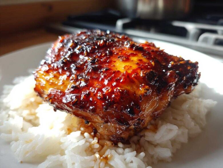 Close-up of a perfectly glazed Sticky Sweet Chili Chicken Thighs served over white rice.
