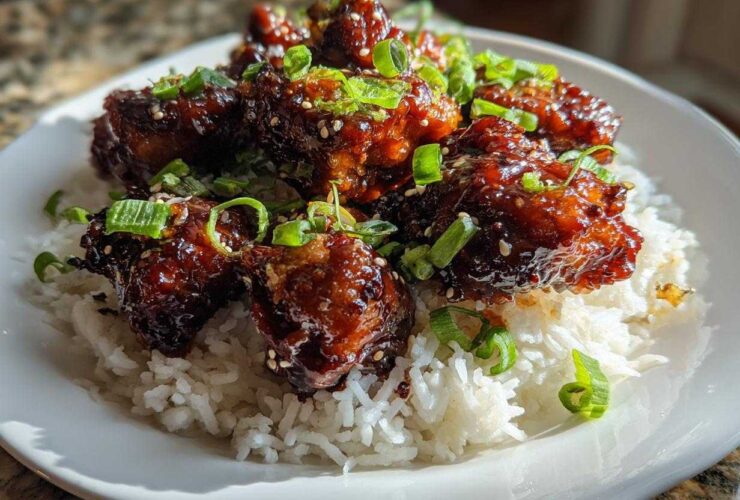 Close-up of Sticky Teriyaki Chicken Bites glazed in sauce, served over a bed of white rice and garnished with green onions.