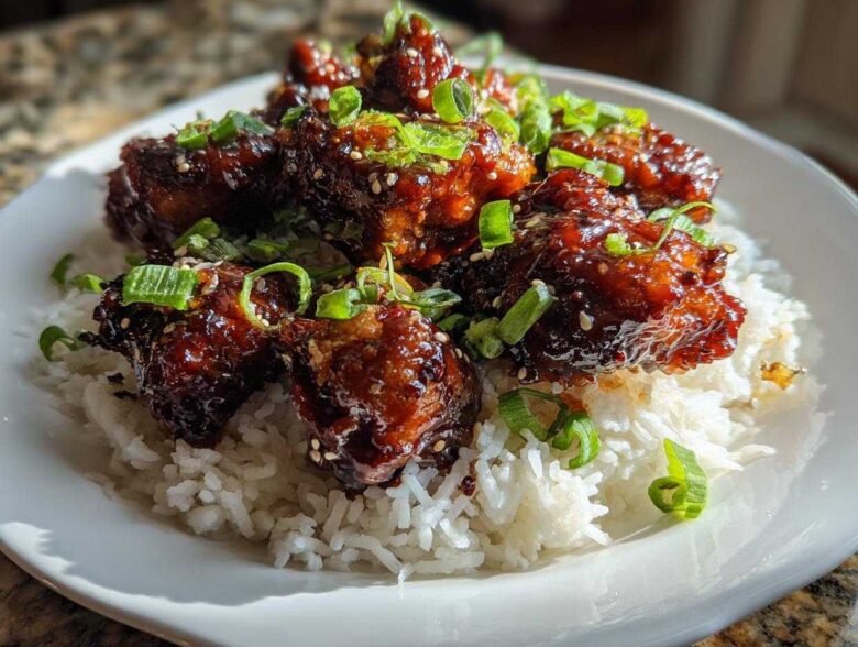 Close-up of Sticky Teriyaki Chicken Bites glazed in sauce, served over a bed of white rice and garnished with green onions.