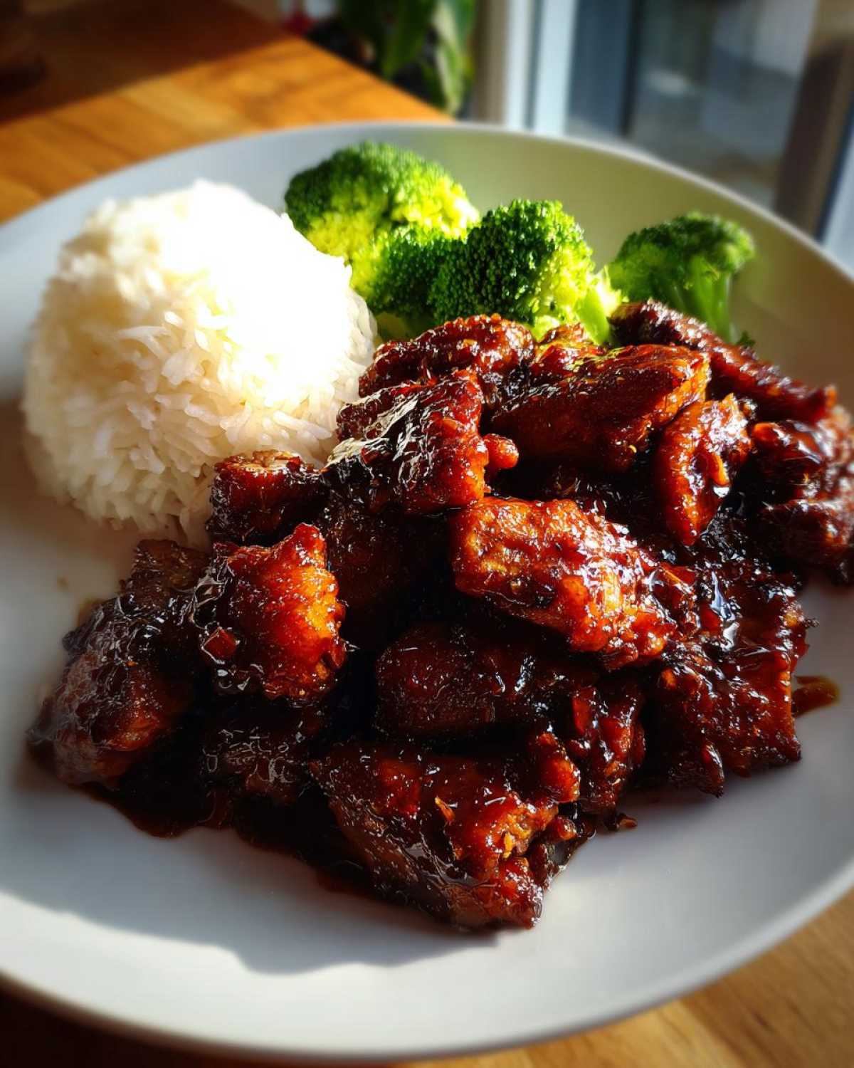 Plate of Sticky Teriyaki Chicken Easy meal served with white rice and steamed broccoli florets.