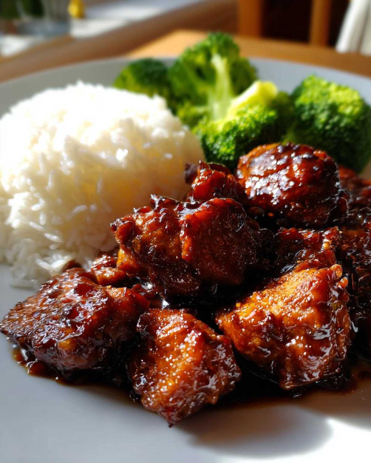 Close-up of Sticky Teriyaki Chicken coated in glossy sauce served with white rice and steamed broccoli.