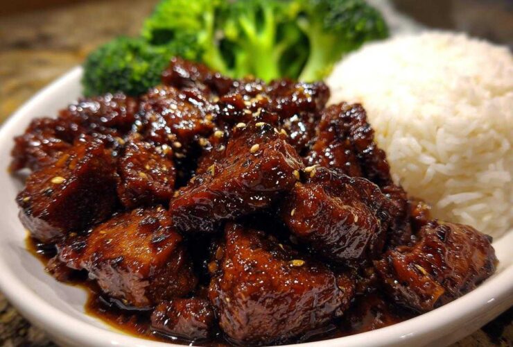 Close-up of Sticky Teriyaki Chicken Easy coated in a dark glaze, served with white rice and steamed broccoli florets.
