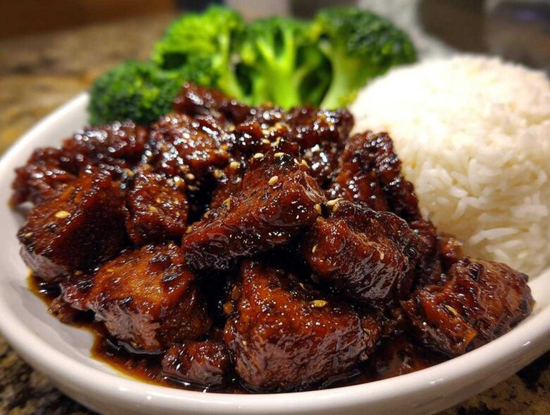 Close-up of Sticky Teriyaki Chicken Easy coated in a dark glaze, served with white rice and steamed broccoli florets.