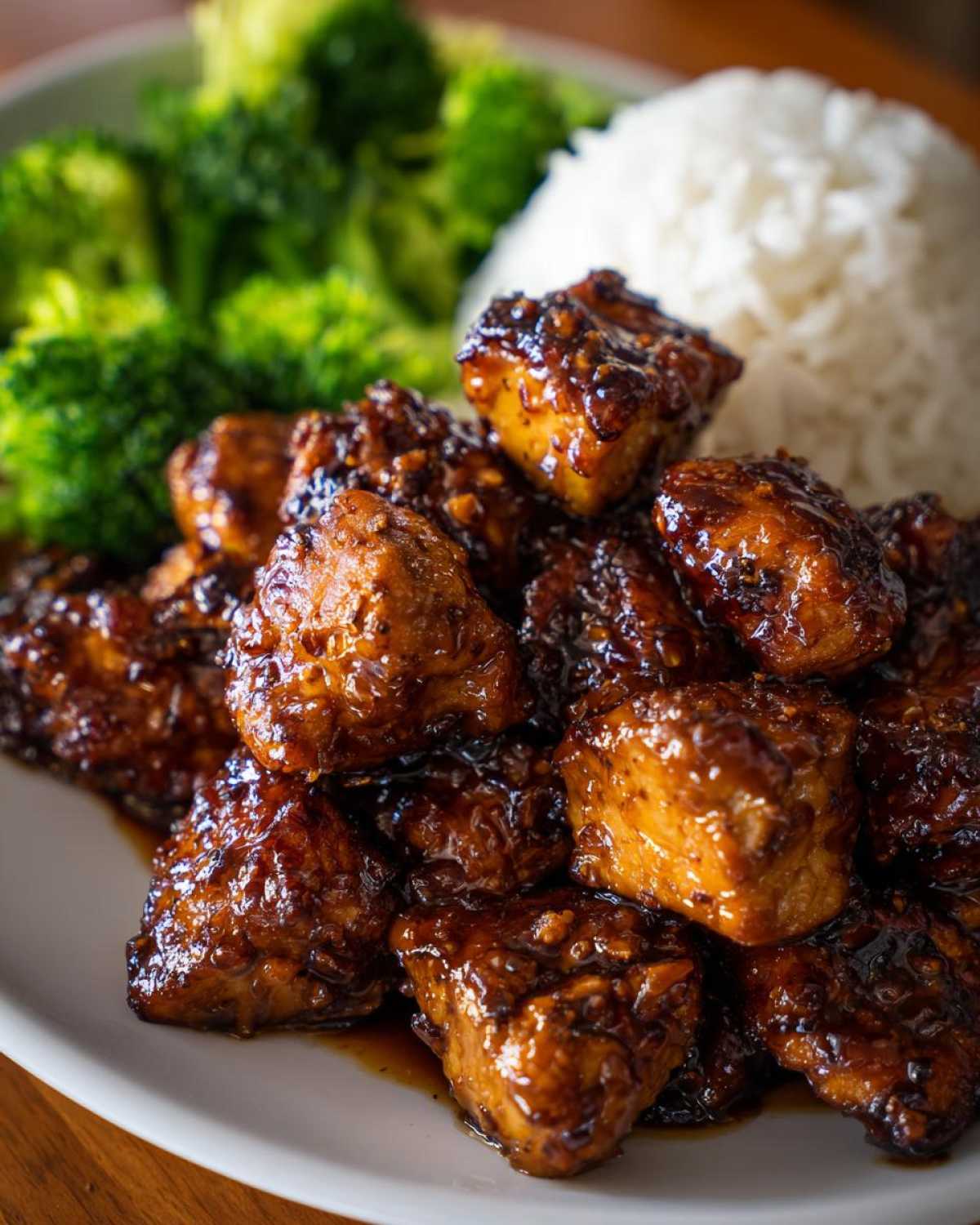 Close-up of Sticky Teriyaki Chicken Easy pieces coated in glossy sauce, served with white rice and steamed broccoli.