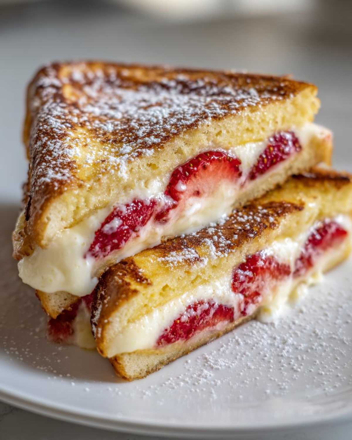 Two halves of golden brown Strawberry Cream Cheese Stuffed French Toast dusted with powdered sugar.