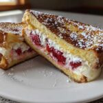 Two halves of Strawberry Cream Cheese Stuffed French Toast dusted with powdered sugar on a white plate.