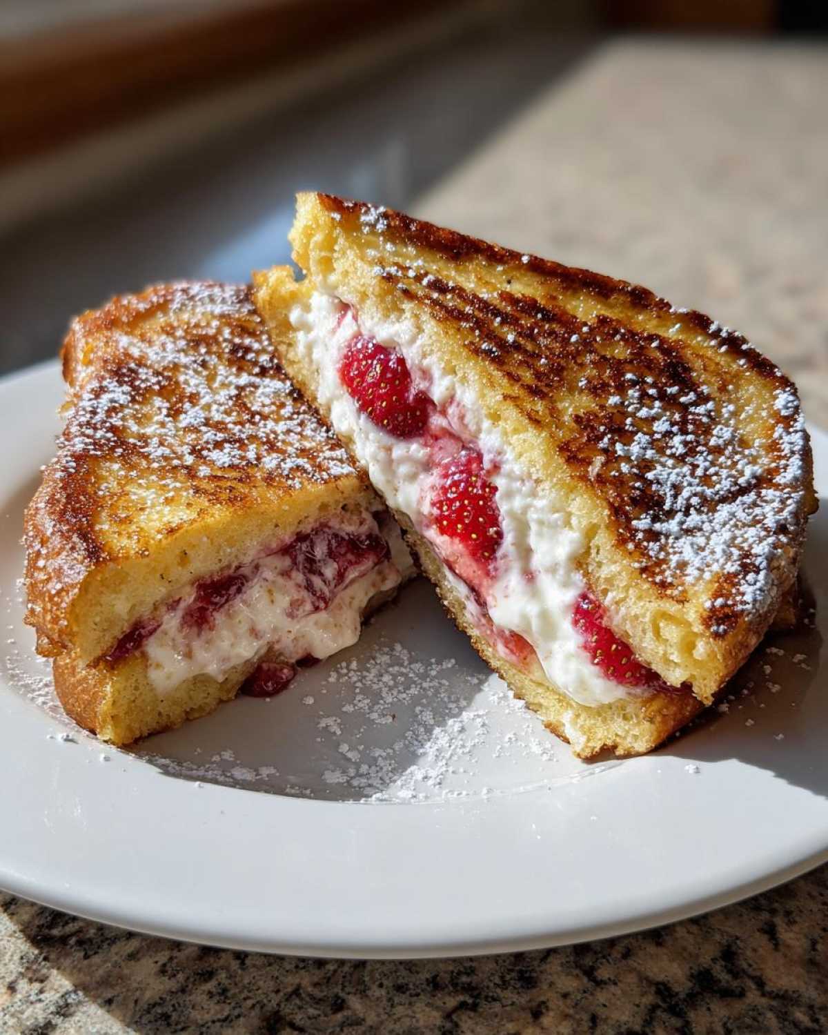 Two halves of golden Strawberry Cream Cheese Stuffed French Toast dusted with powdered sugar.