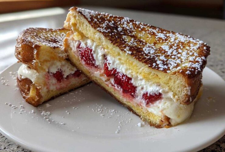 Two halves of Strawberry Cream Cheese Stuffed French Toast dusted with powdered sugar on a white plate.