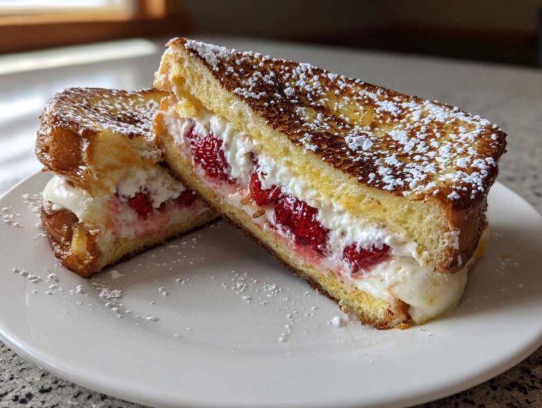 Two halves of Strawberry Cream Cheese Stuffed French Toast dusted with powdered sugar on a white plate.