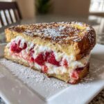A thick slice of golden brown Strawberry Cream Cheese Stuffed French Toast overflowing with creamy filling and fresh strawberries, dusted with powdered sugar.