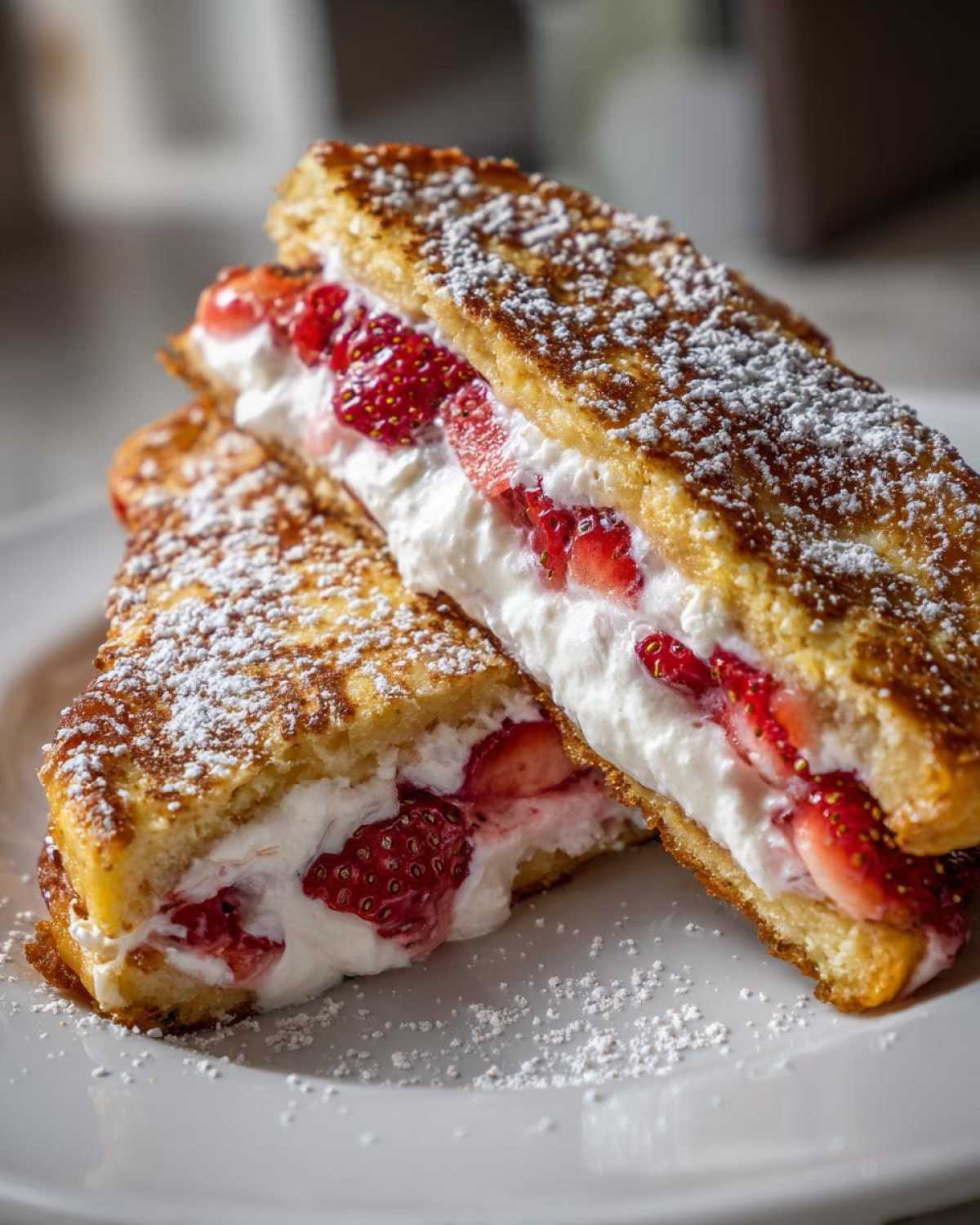 Two halves of Strawberry Cream Cheese Stuffed French Toast stacked, overflowing with cream and sliced strawberries, dusted with powdered sugar.