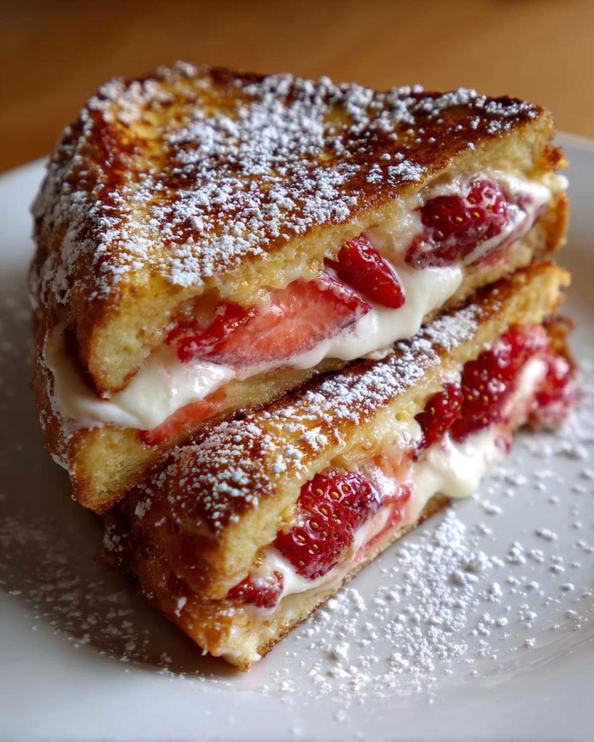 Two halves of Strawberry Cream Cheese Stuffed French Toast stacked and dusted with powdered sugar.