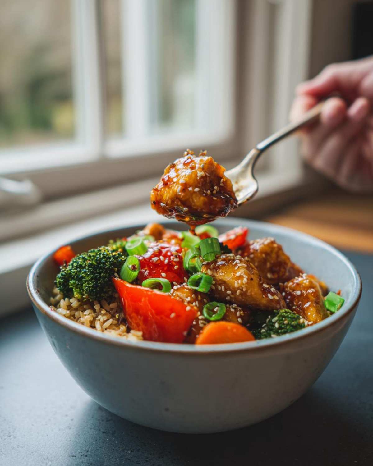 A fork lifts a piece of glazed Sweet Chili Chicken Bowl over a bowl filled with rice, broccoli, and peppers.