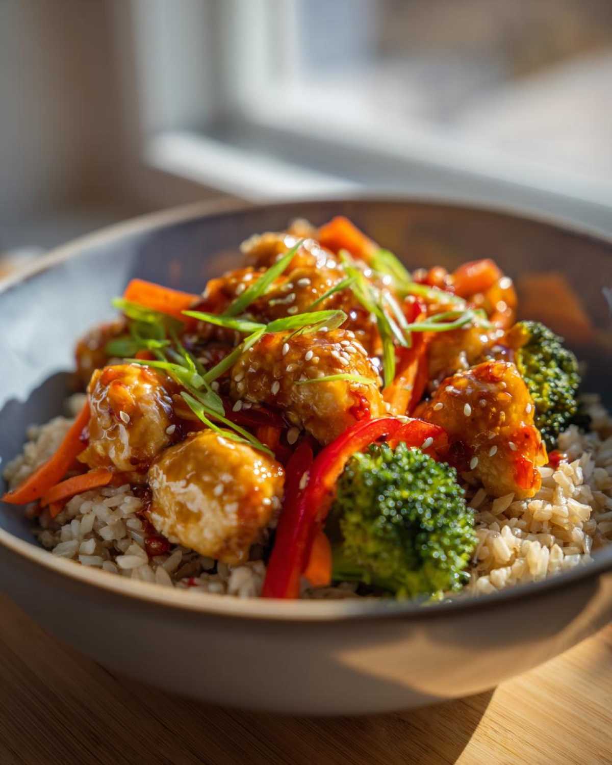 Close-up of a Sweet Chili Chicken Bowl featuring glazed chicken pieces over brown rice with broccoli, carrots, and sesame seeds.