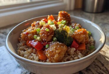 A close-up of a Sweet Chili Chicken Bowl featuring glazed chicken pieces over brown rice with broccoli, peppers, and sesame seeds.
