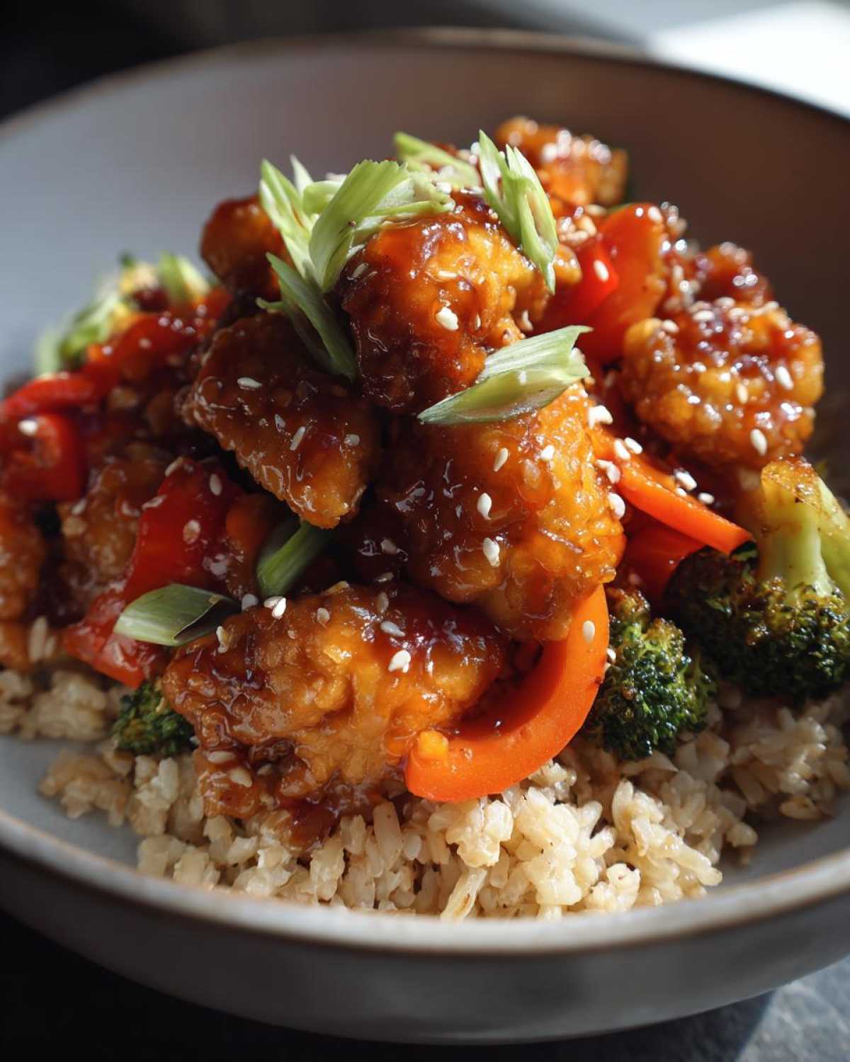Close-up of a Sweet Chili Chicken Bowl featuring glazed chicken pieces, red peppers, broccoli, and brown rice, topped with sesame seeds and scallions.