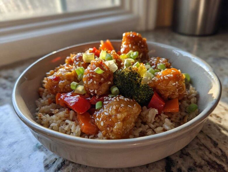 A close-up of a Sweet Chili Chicken Bowl featuring glazed chicken pieces over brown rice with broccoli, peppers, and sesame seeds.