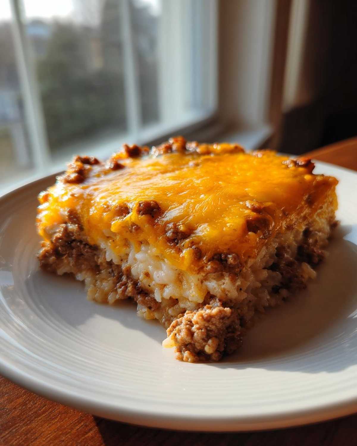 A square serving of Cheesy Beef and Rice Casserole Comfort Dish topped with melted cheddar cheese, served on a white plate.