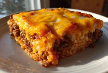 A close-up serving of Cheesy Beef and Rice Casserole Comfort Dish topped with melted cheddar cheese.