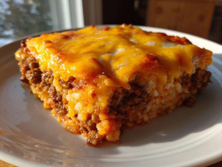 A close-up serving of Cheesy Beef and Rice Casserole Comfort Dish topped with melted cheddar cheese.