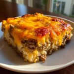 A close-up of a square serving of Cheesy Beef and Rice Casserole Comfort Dish topped with melted, browned cheddar cheese.