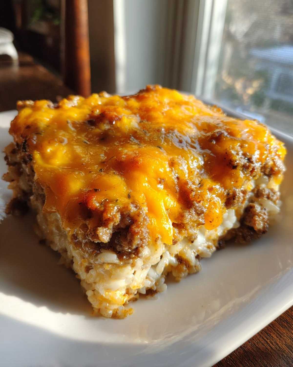 A close-up of a square serving of Cheesy Beef and Rice Casserole Comfort Dish topped with melted cheddar cheese.