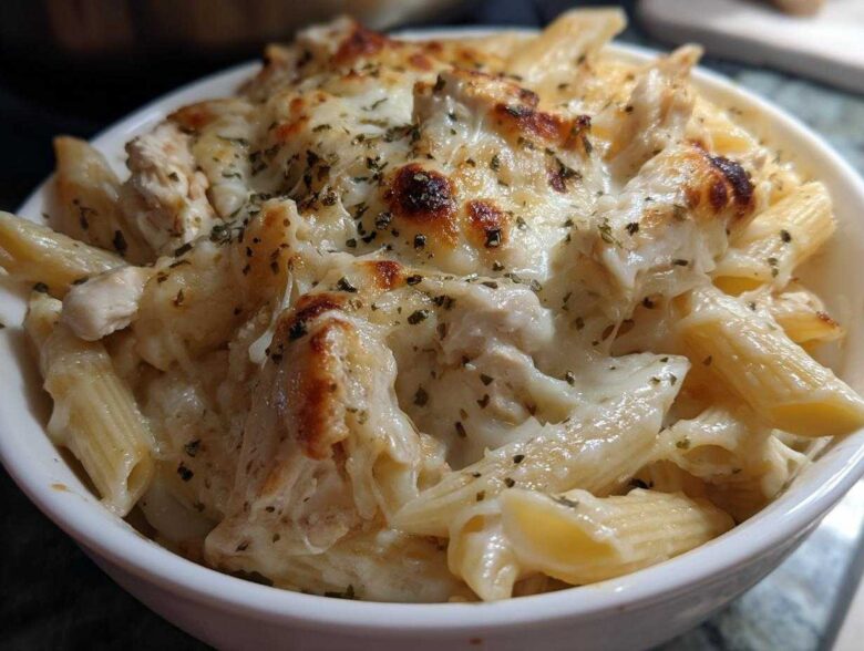 A close-up of a serving of Cheesy Chicken Alfredo Bake with Mozzarella, featuring penne pasta, chicken pieces, and a bubbly, browned cheese topping.