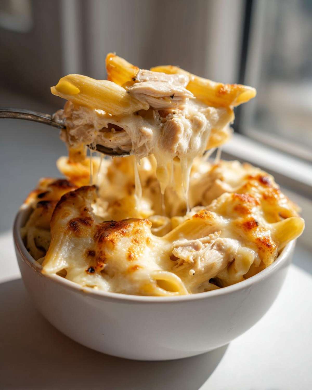 A spoonful of Cheesy Chicken Alfredo Bake with mozzarella stretching in a long, gooey cheese pull over a white bowl.