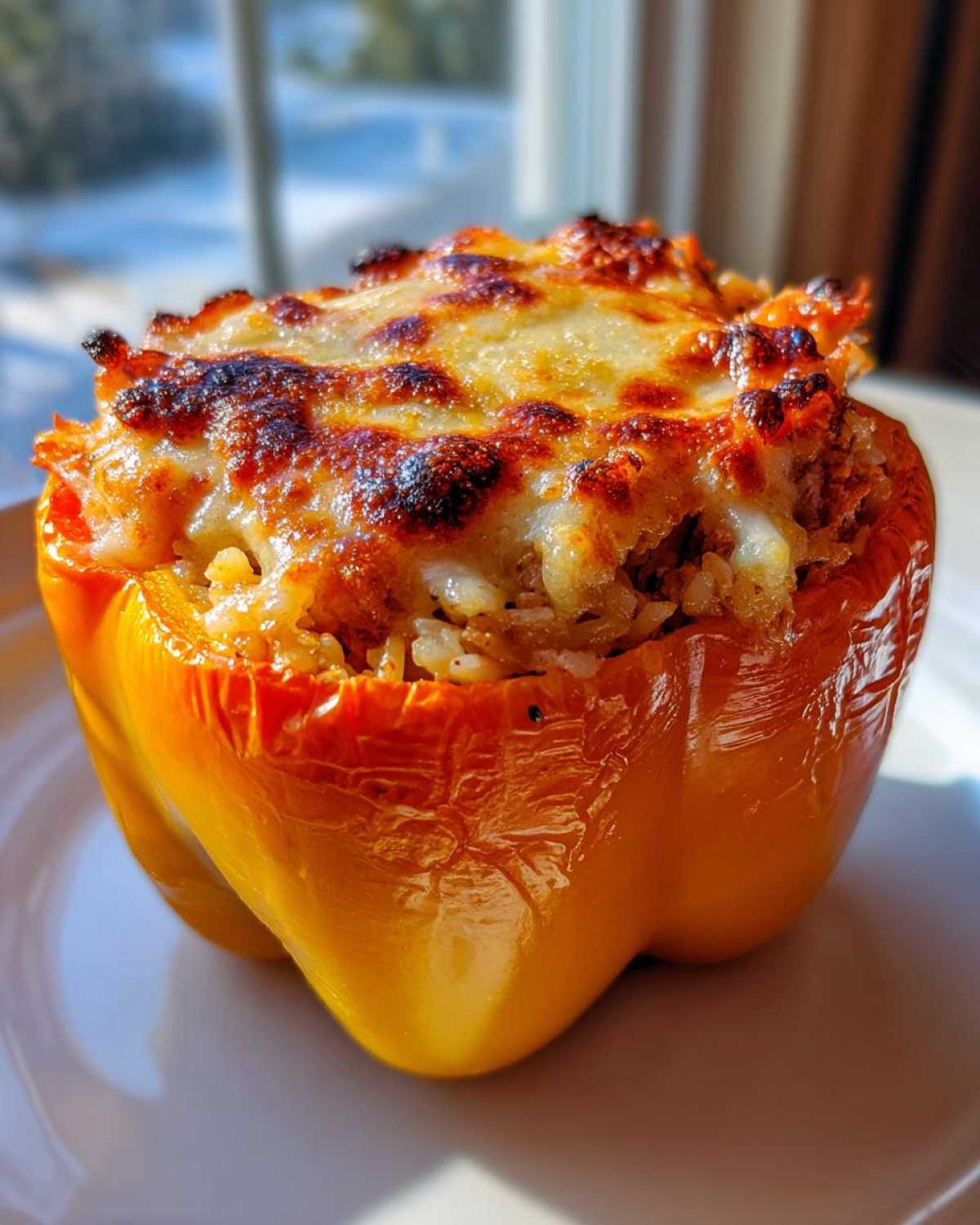 A single, bright yellow Cheesy Chicken and Rice Stuffed Pepper with a bubbly, browned cheese topping.