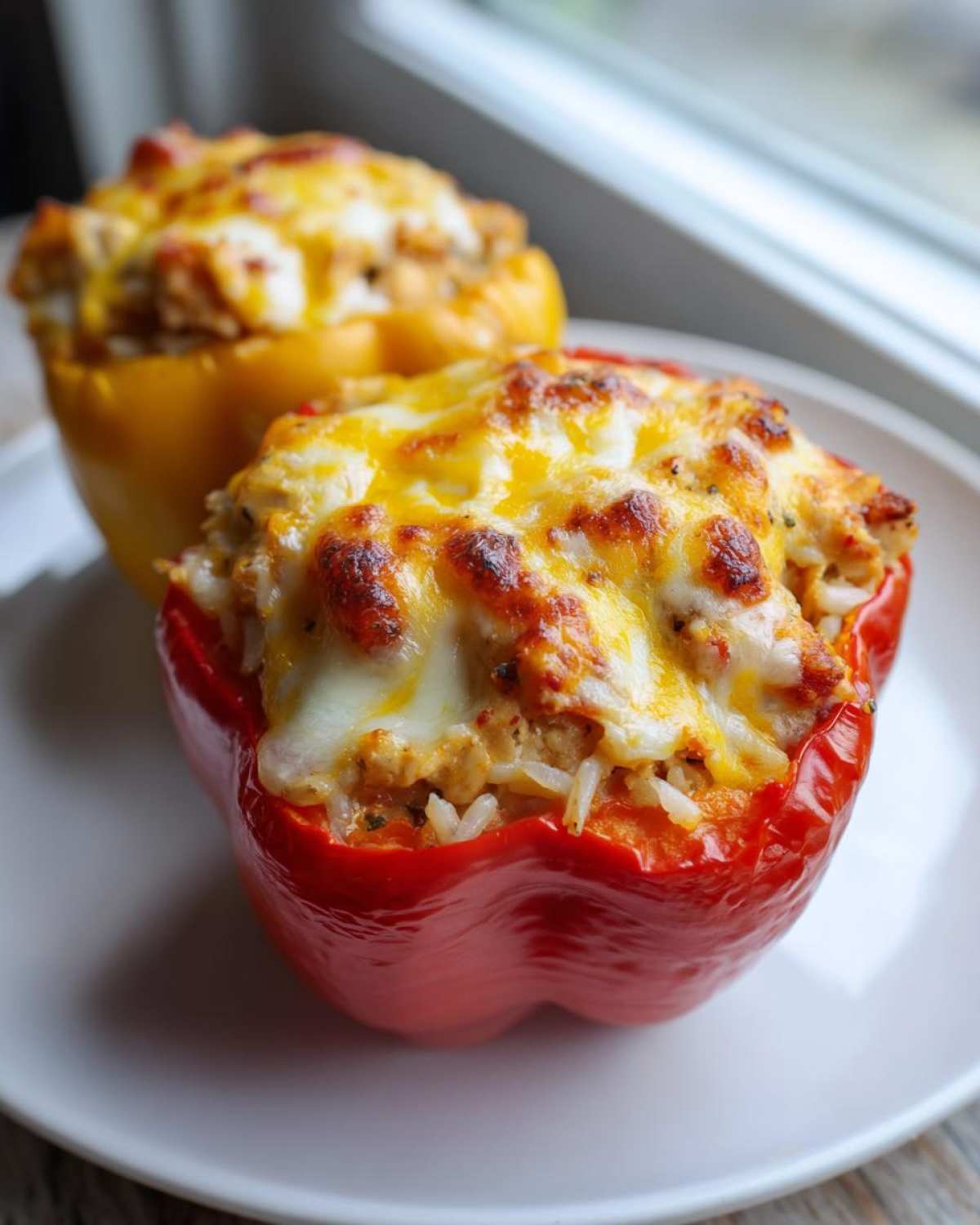 Two baked Cheesy Chicken and Rice Stuffed Peppers, one red and one yellow, topped with melted, browned cheese.