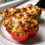 Three baked Cheesy Chicken and Rice Stuffed Peppers, featuring a rich, browned cheese topping, served on a white plate.