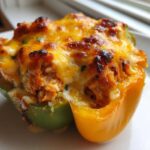 A close-up of one baked Cheesy Chicken and Rice Stuffed Pepper with browned, melted cheese topping.