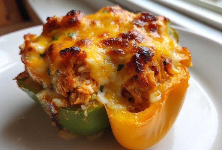 A close-up of one baked Cheesy Chicken and Rice Stuffed Pepper with browned, melted cheese topping.