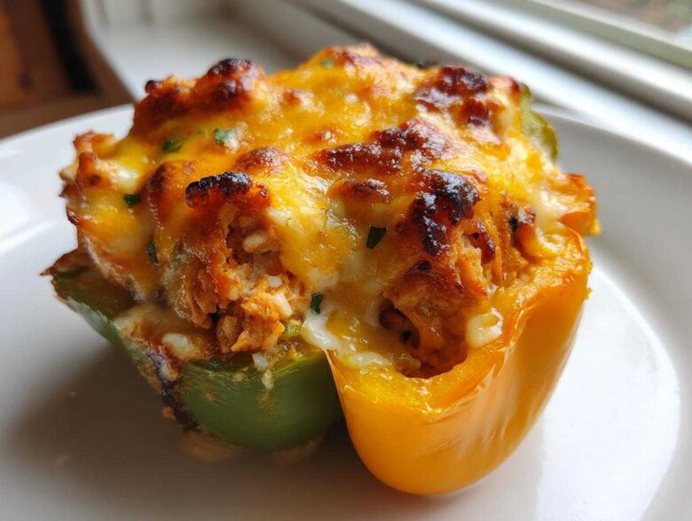 A close-up of one baked Cheesy Chicken and Rice Stuffed Pepper with browned, melted cheese topping.