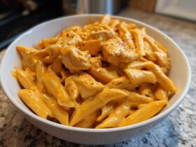 A close-up of a white bowl filled with Cheesy Chicken Queso Pasta, featuring penne pasta coated in a vibrant orange, creamy sauce with chunks of seasoned chicken.